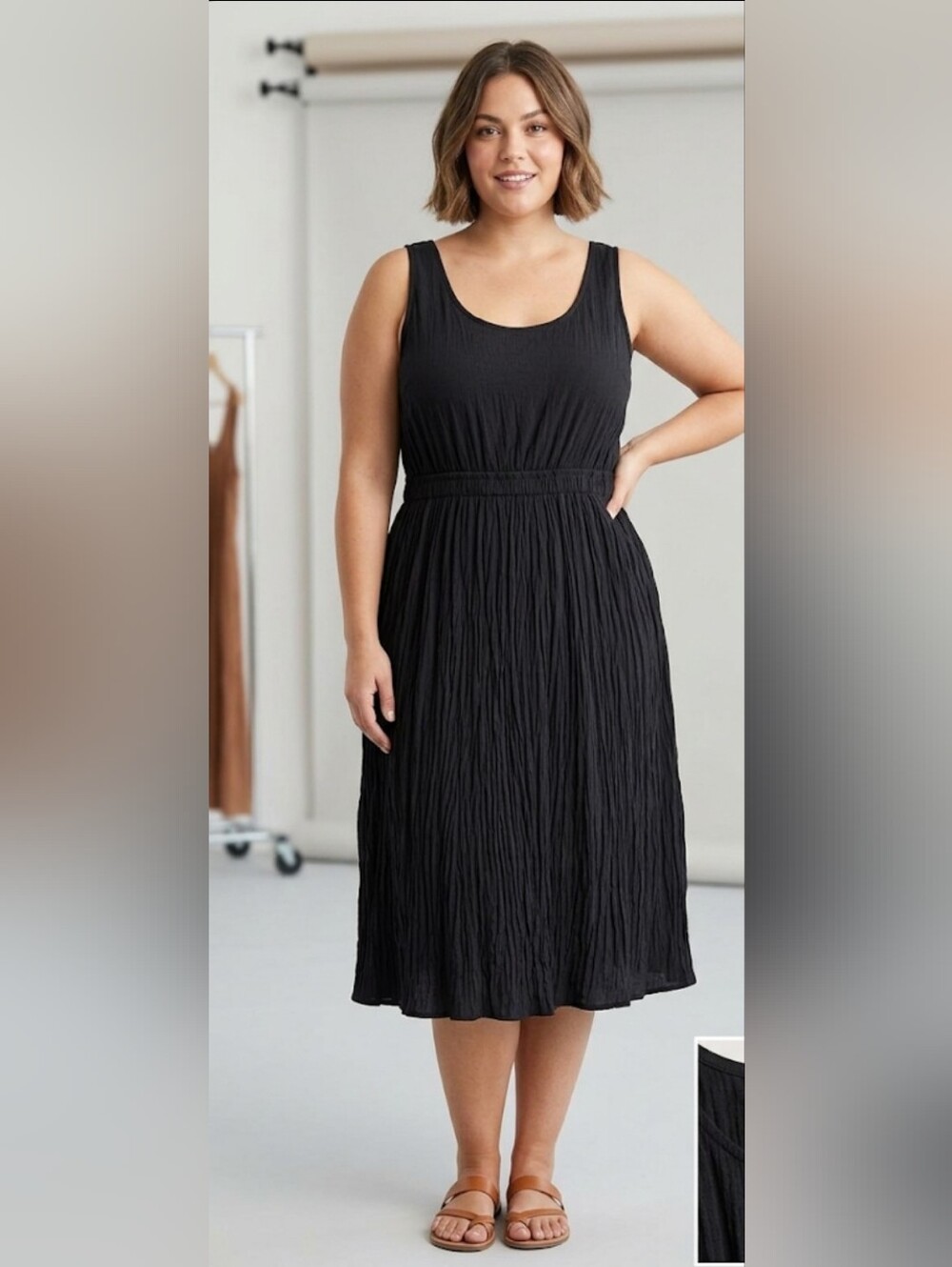 Vince Black Sleeveless Pleated Midi Dress with Scoop Neck EUC Size L